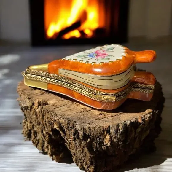 Rare Authentic Limoges Fireplace Bellow Chamart Trinket Box, Pillbox Floral